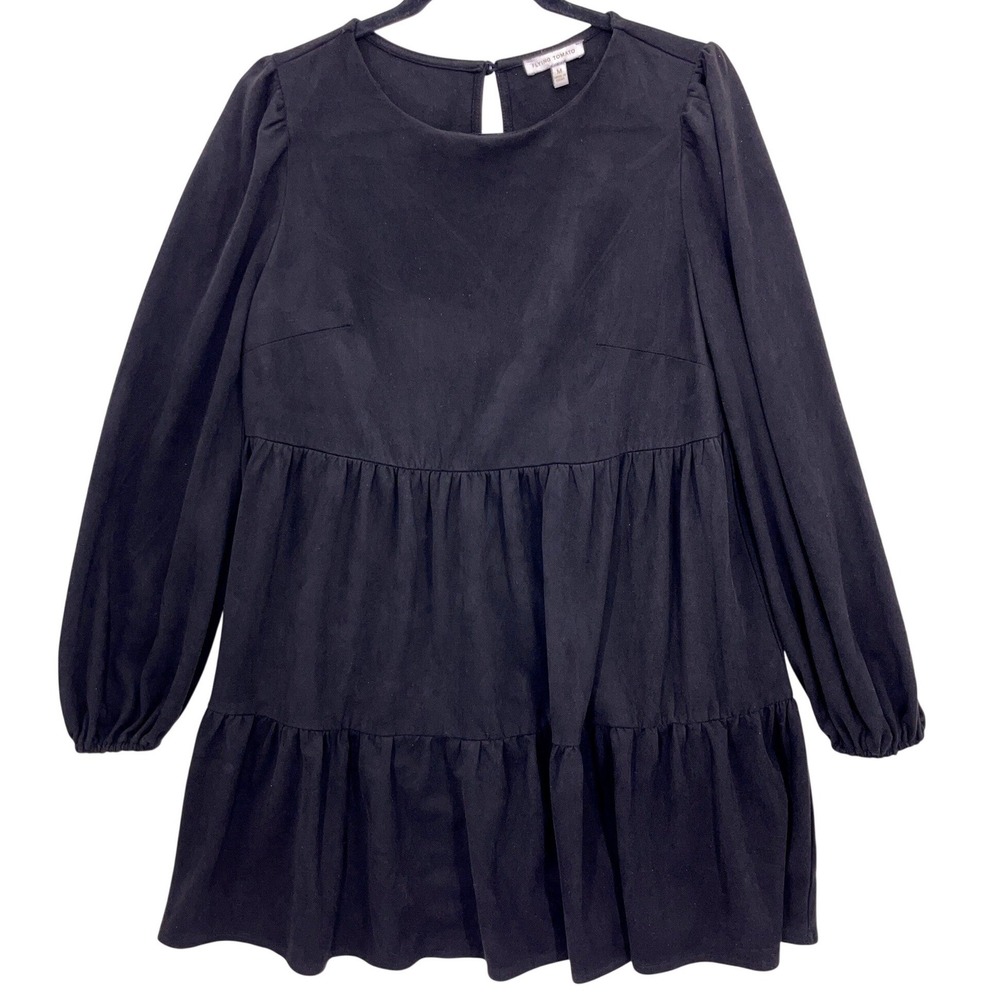 Flying Tomato Black Tiered Babydoll Dress M Long Puff Sleeve Faux Suede Boho